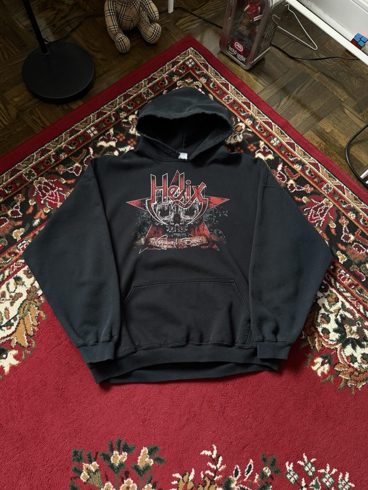 Vintage Vagabond Bones by Helix Skull Blood Band Hoodie Double Sided Gildan 00s