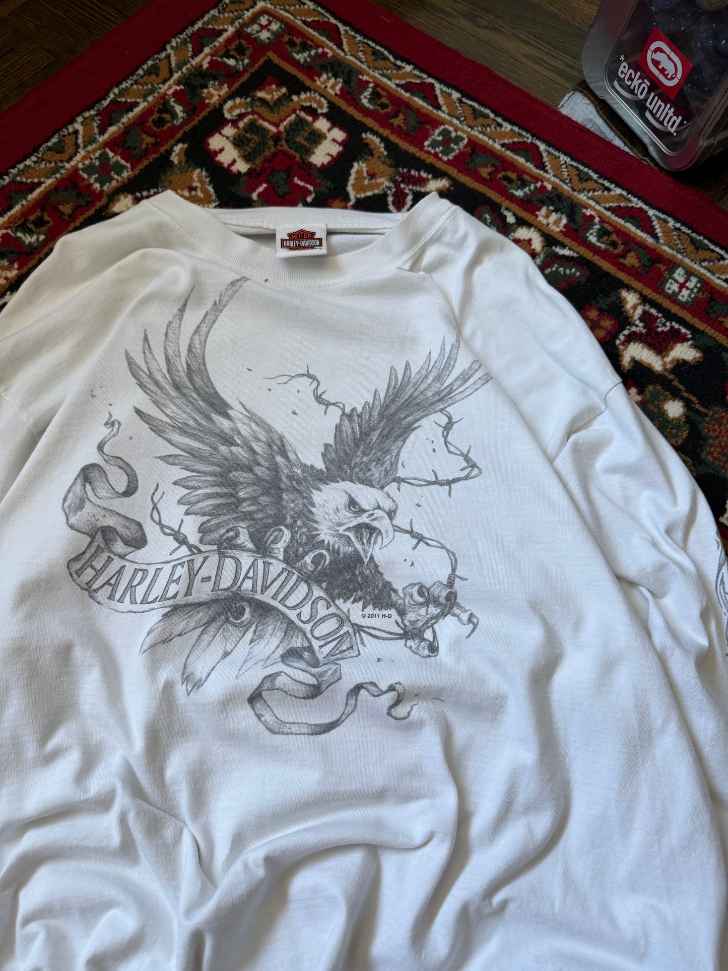 Harley Davidson Eagle Both Sleeves Flames White Long Sleeve Shirt Tee