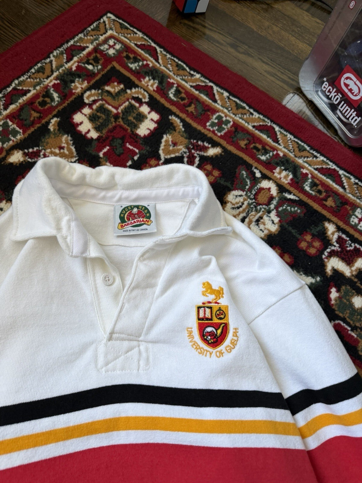 Vintage Barbarian Rugby Shirt Mens Small University of Guelph White  Polo