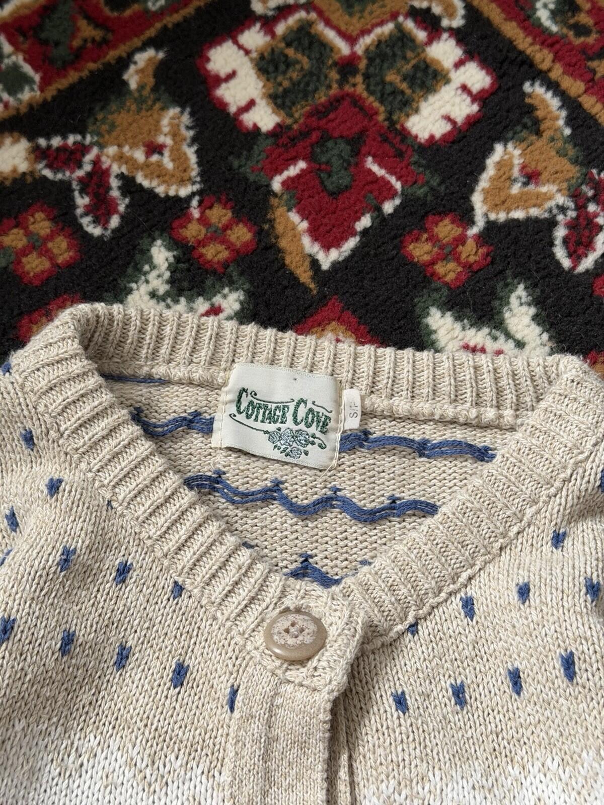 Vintage Cottage Cove Teddy Bear Knit Cardigan Sweater Size S Beige