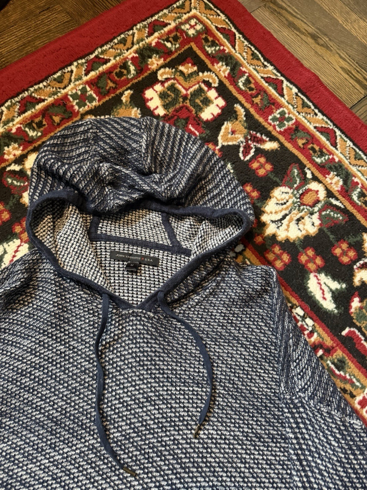 John Varvatos Knit Hoodie Mens Large Cotton Long Sleeve Pullover Textured Slim
