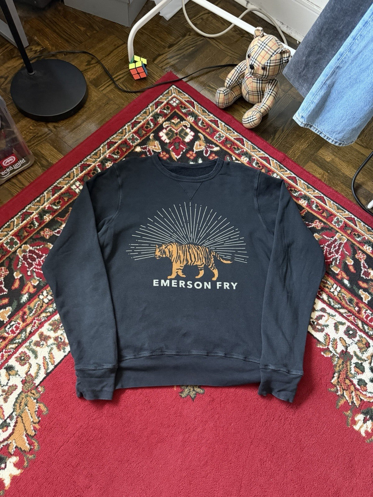 Emerson Fry Sweatshirt Womens Medium Black French Terry Crewneck Tiger USA Made