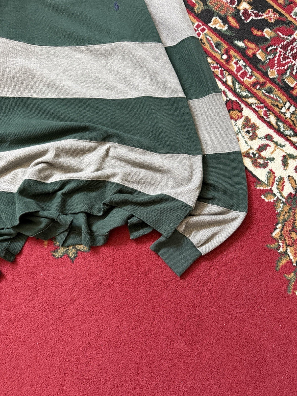 Vintage Polo Ralph Lauren Men Striped Rugby Polo Long Sleeve Green (Sz L)