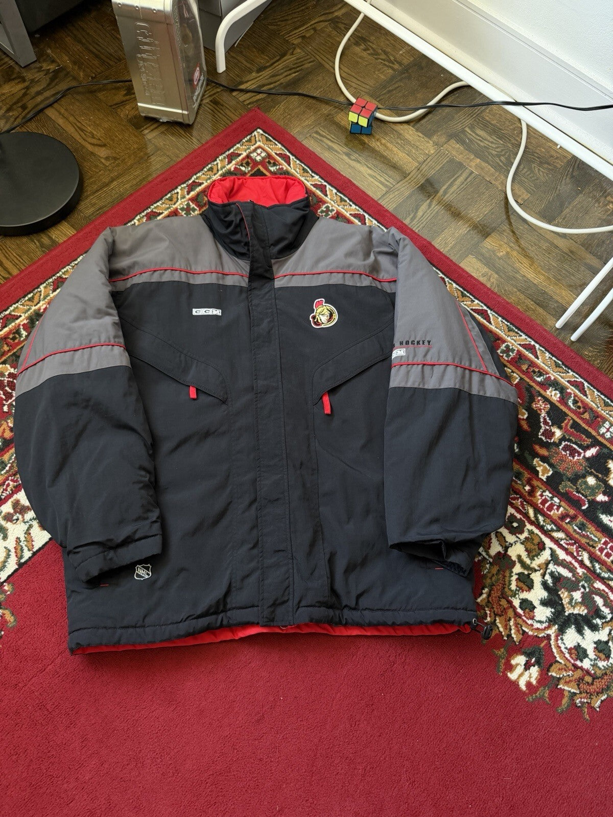Vintage CCM NHL Ottawa Senators Jacket Mens XL Hockey Black Gray Parka