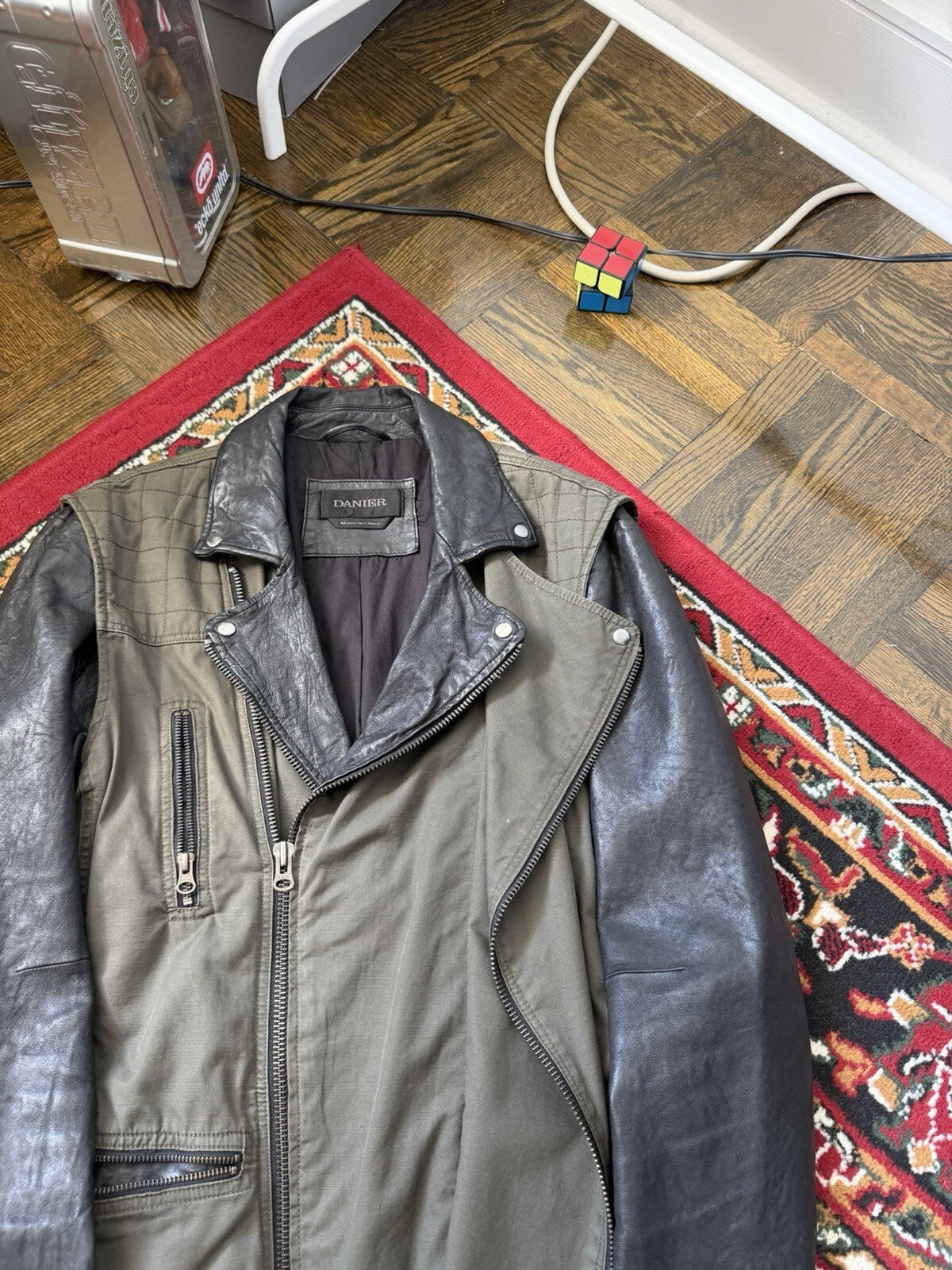 Danier Hybrid Moto Leather Sleeves Asymmetrical Zipper Utility Jacket