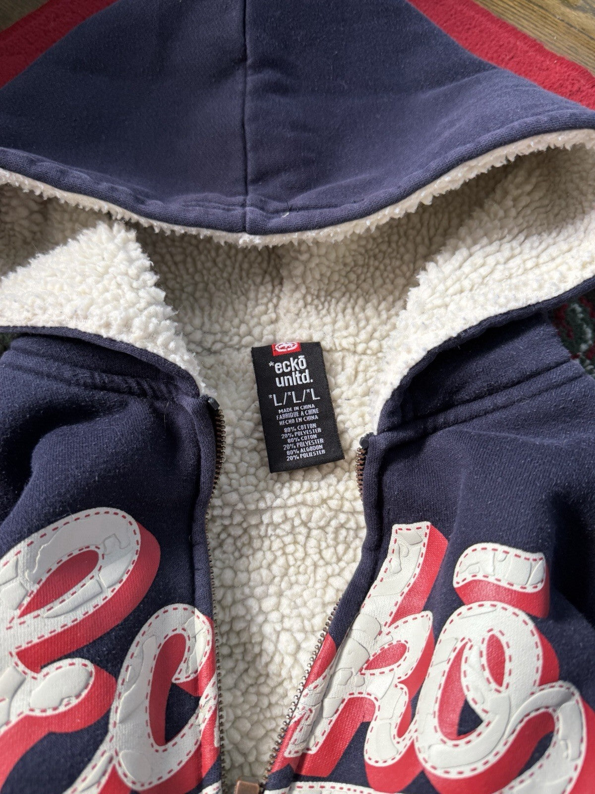 Vintage Ecko Navy Blue Jacket XL Sherpa Fur Lined Hoodie Fleece Y2K Zip AOP