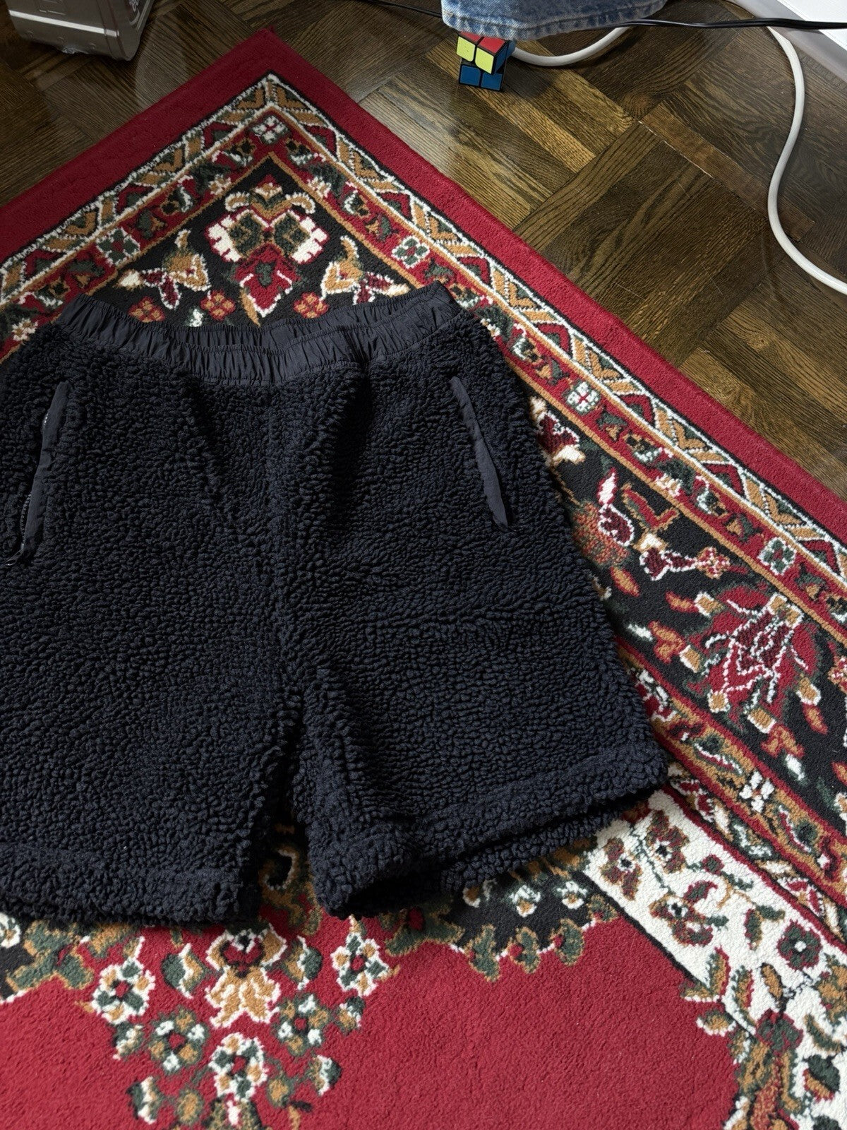 Stussy Sherpa Fleece Shorts Black Embroidered Logo Zipper Nylon Pocket