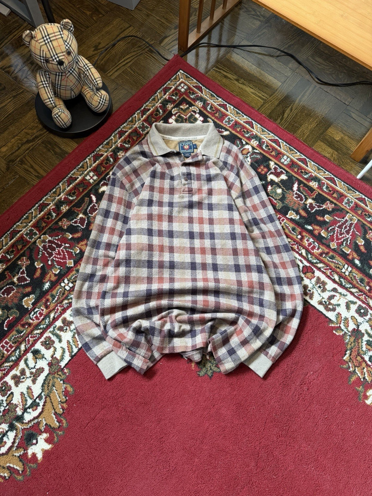 Vintage Chaps Ralph Lauren Plaid Rugby Polo Shirt Men Large Long Sleeve 90s