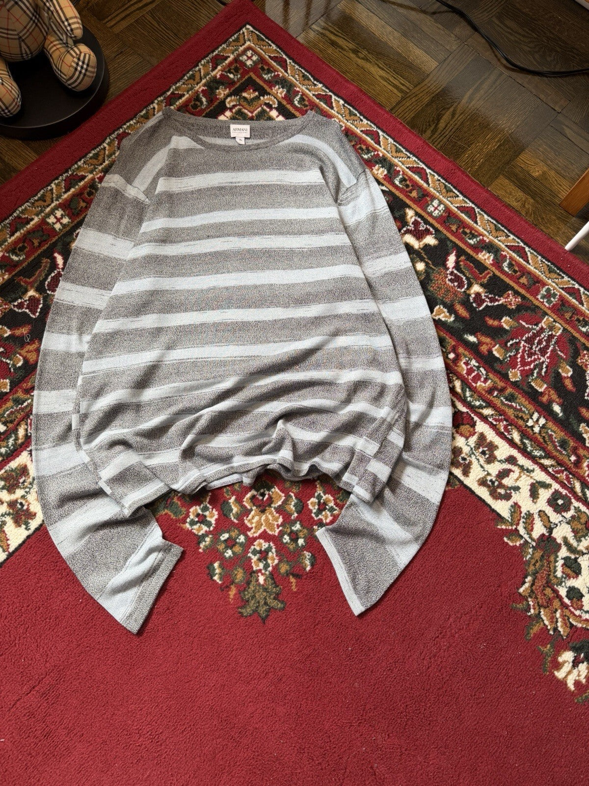 Armani Collezioni Mens Gingham Sweater XL Gray Blue Linen Viscose