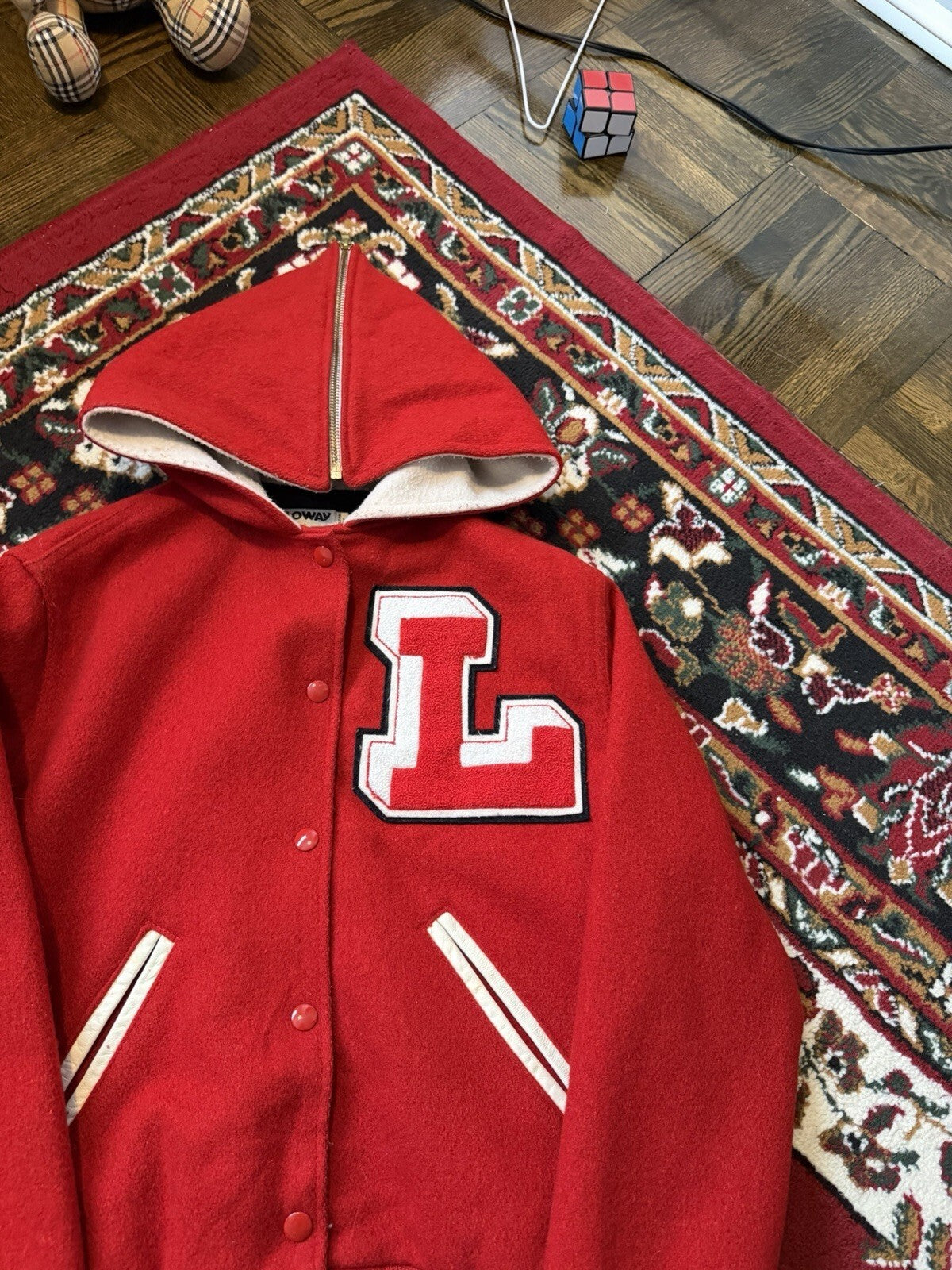 90s Holloway Varsity Letterman Wool Bomber Jacket Zip Hood Red Women’s Medium