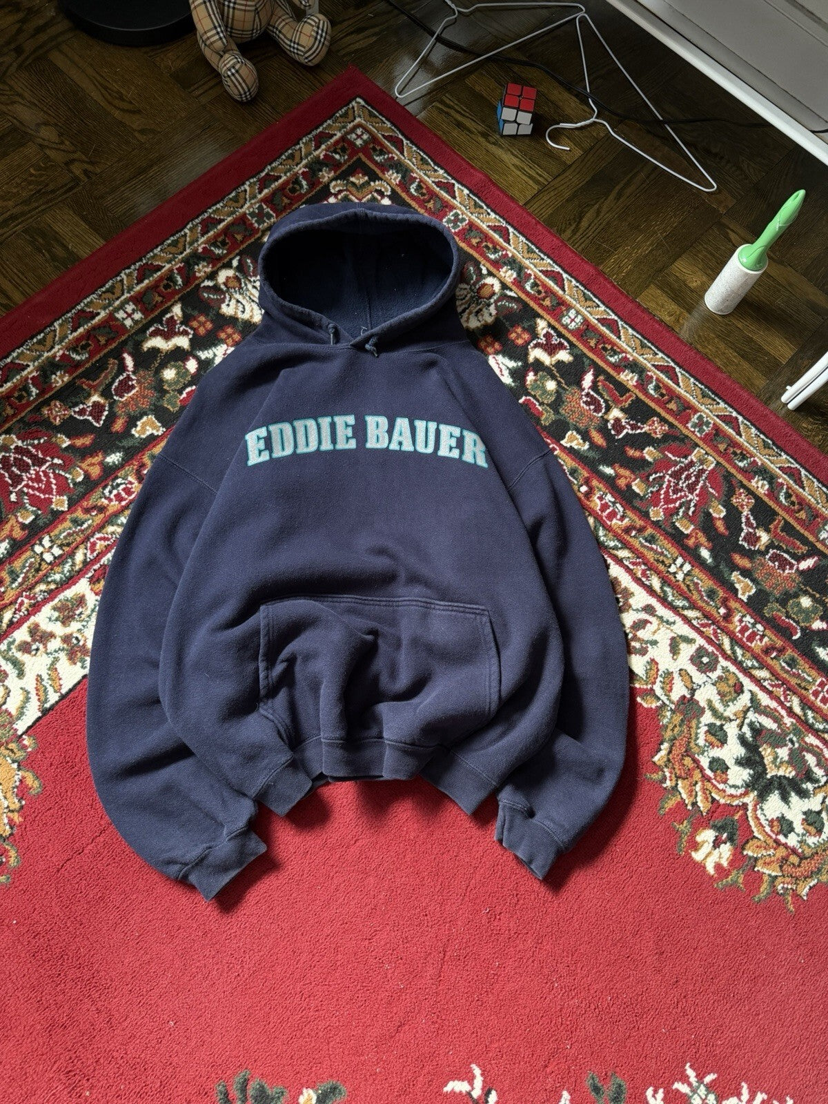 Vintage Eddie Bauer Distressed Spell Out Heavyweight Hoodie Blue
