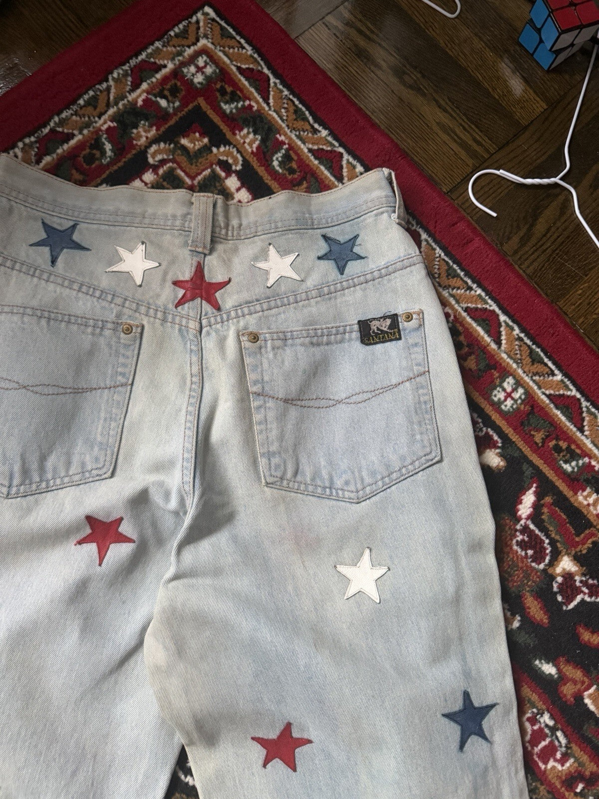 Vintage 90s Parasuco Distressed USA Flag Stars Jeans Light Wash Denim