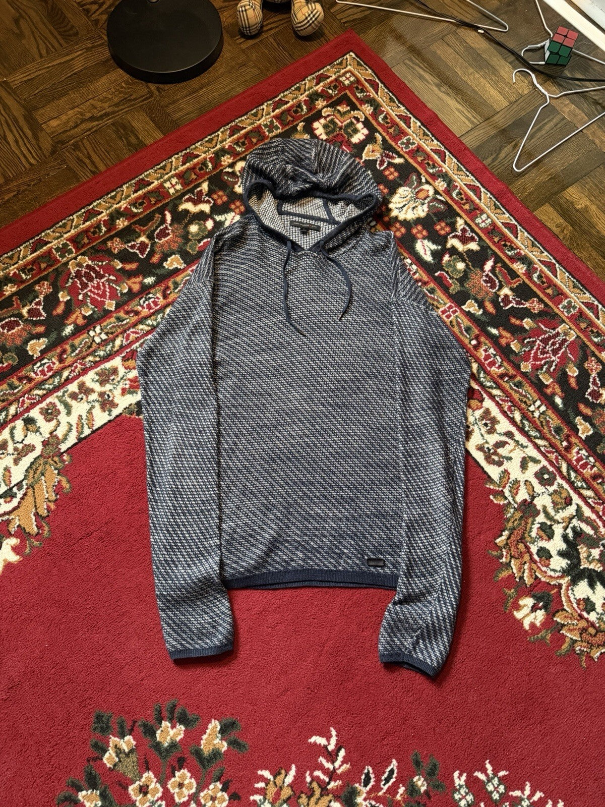 John Varvatos Knit Hoodie Mens Large Cotton Long Sleeve Pullover Textured Slim