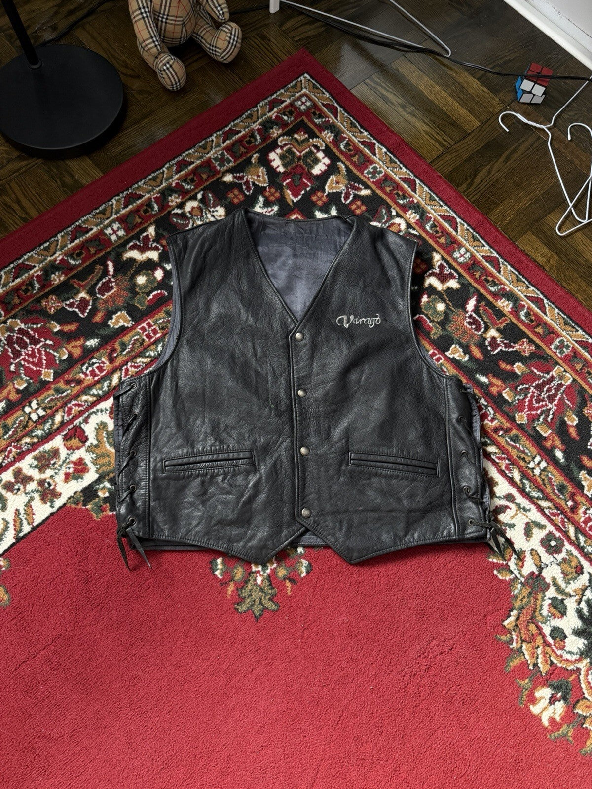 Yamaha Virago Motorcycle Vest Leather Men XXL Black Snap Lined