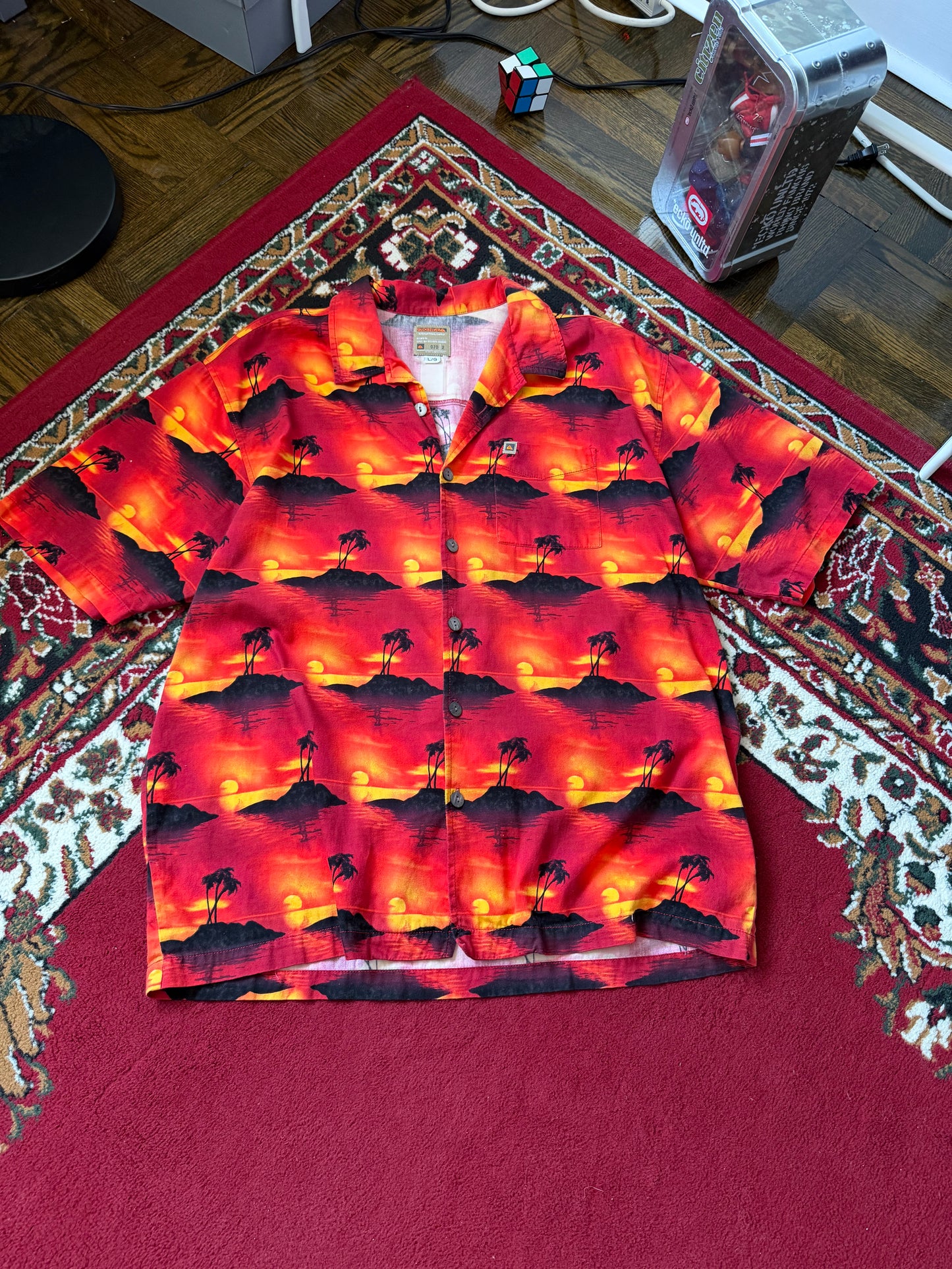 Vintage Quiksilver AOP Beach Sunset Button Up Tee / Tshirt
