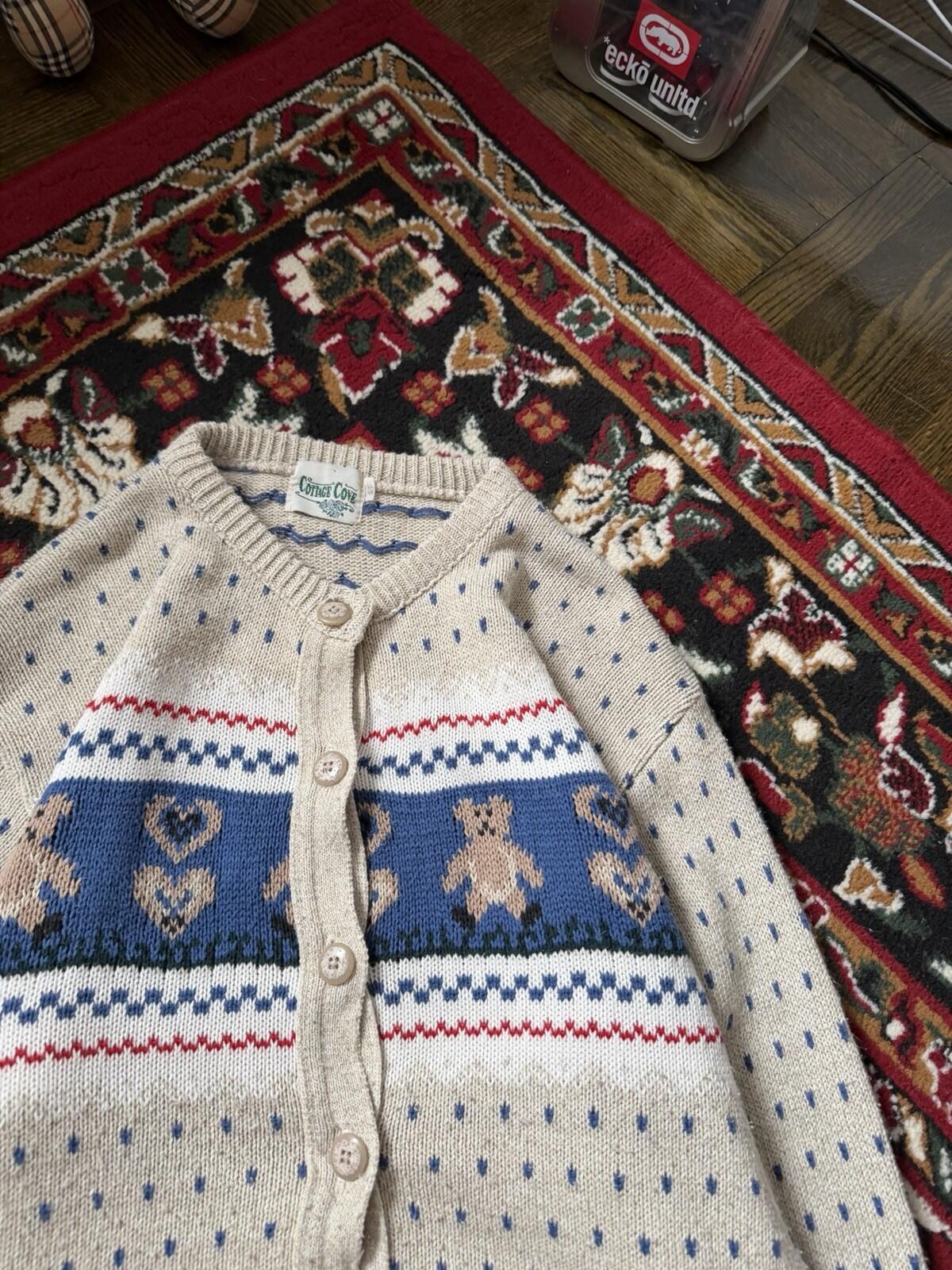 Vintage Cottage Cove Teddy Bear Knit Cardigan Sweater Size S Beige