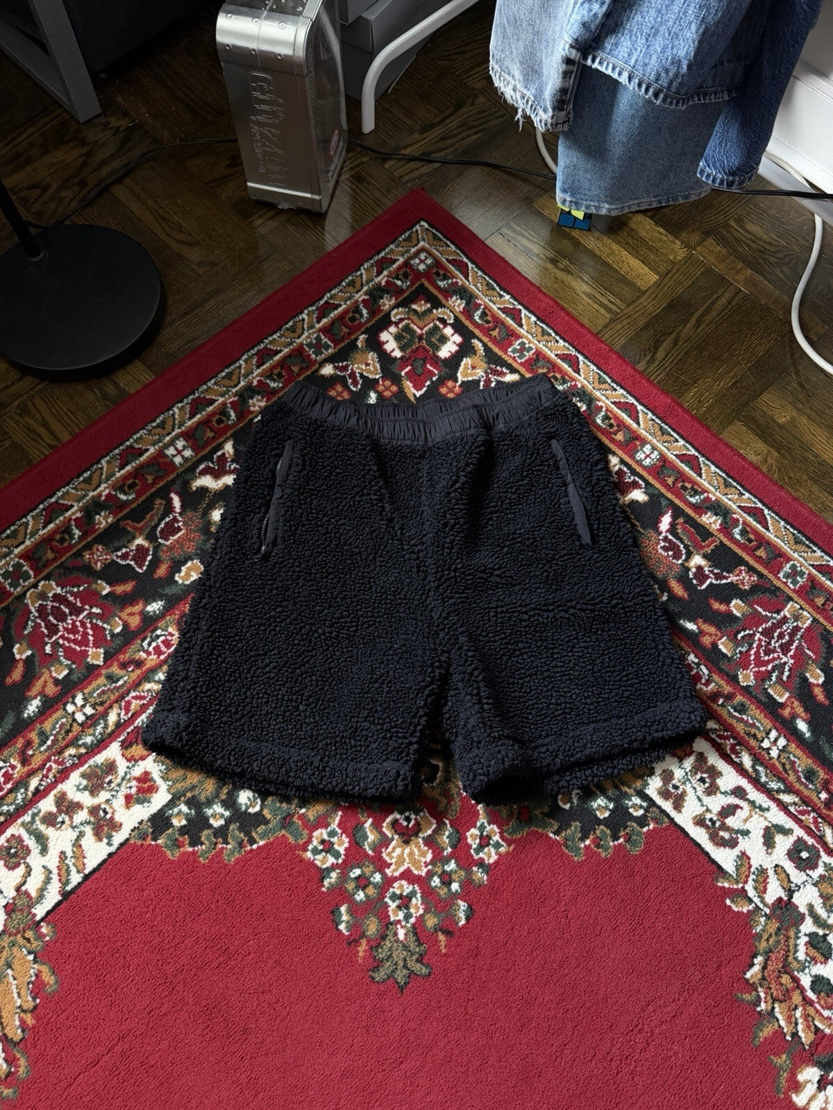 Stussy Sherpa Fleece Shorts Black Embroidered Logo Zipper Nylon Pocket