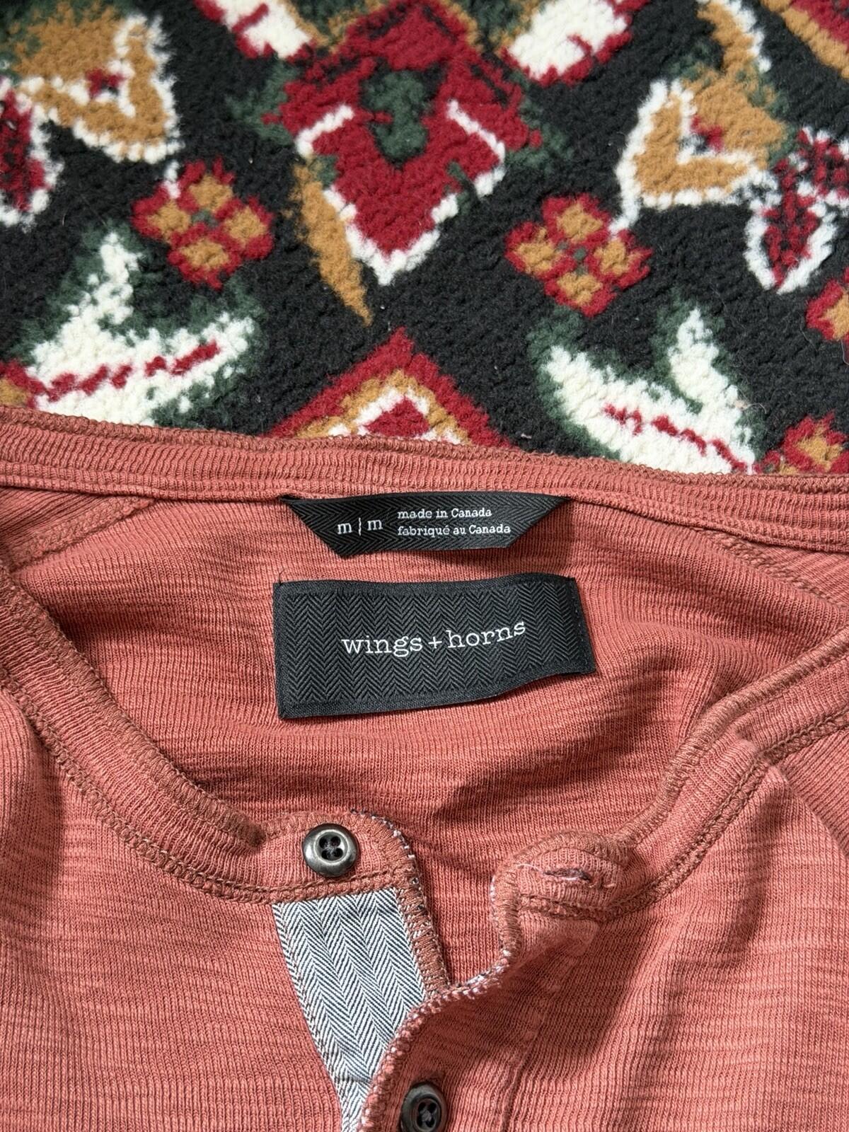 Wings + Horns Shirt Mens Medium Coral Henley Crewneck Long Sleeve Sweater