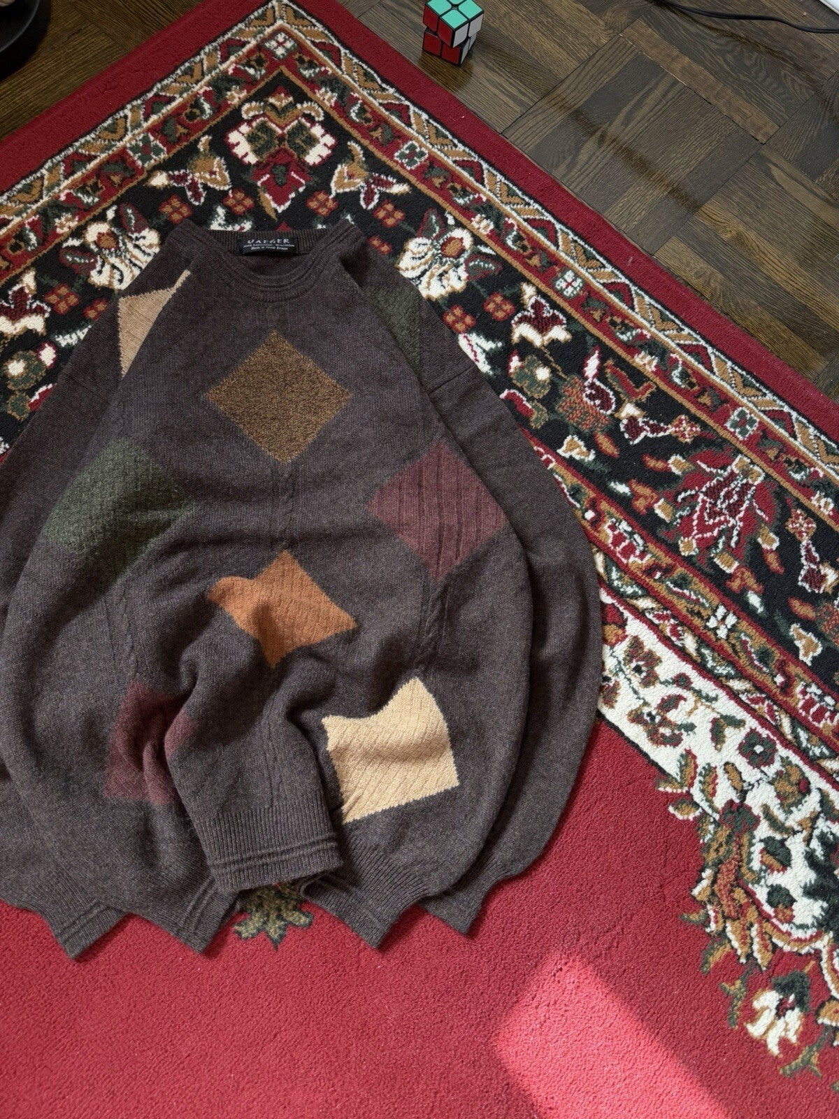 Jaeger Men’s Sweater Geometric Colorblock 100% Lambswool Made in Great Britain