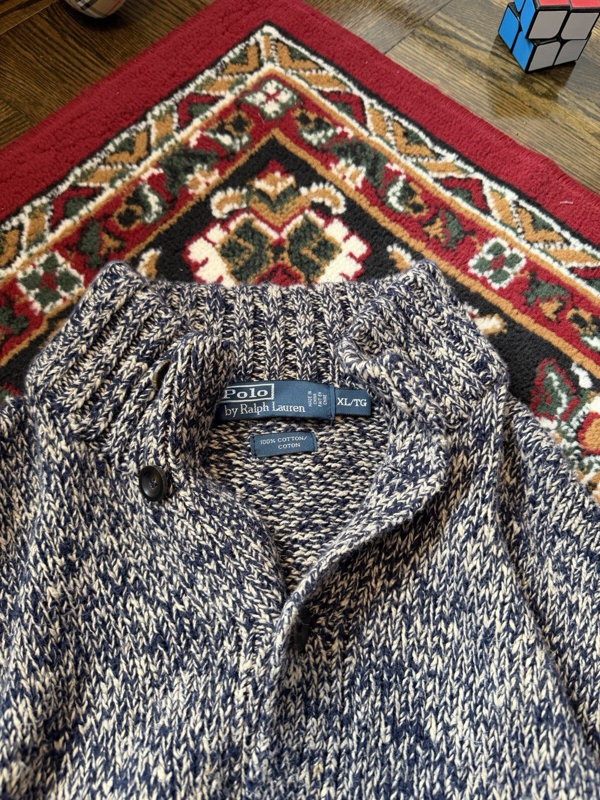 VTG Polo Ralph Lauren Mens Medium Shawl Collar Sweater Marled Blue Chunky Knit
