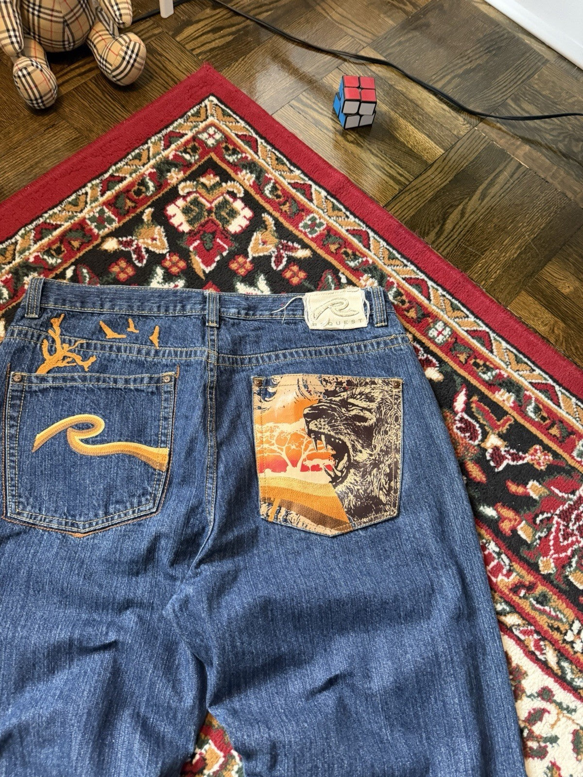 Vintage Request Lion Print Jeans Men 38/32 Blue Denim Embroidered Y2K 90s Skater