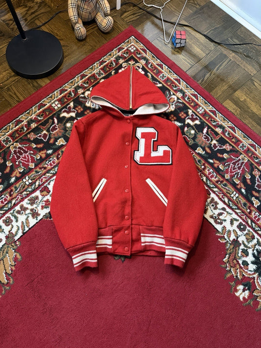 90s Holloway Varsity Letterman Wool Bomber Jacket Zip Hood Red Women’s Medium
