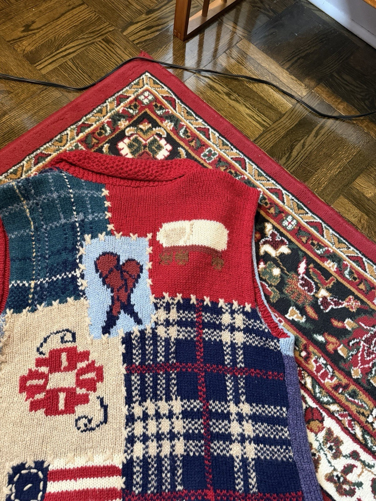 Vintage Eddie Bauer Sweater Vest Mens XL Wool Knit Patriotic Patchwork 90s USA