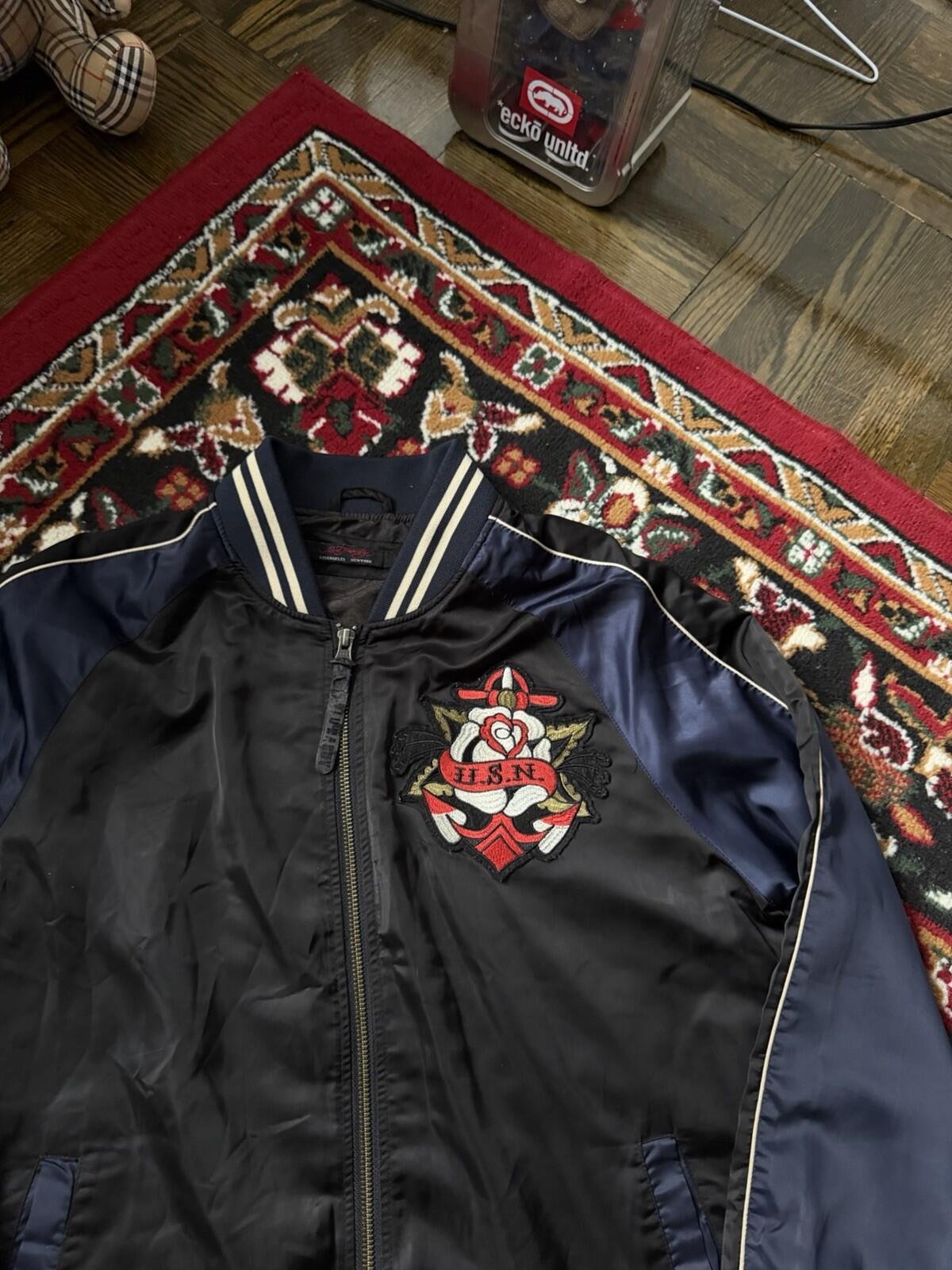 VTG Ed Hardy New York Dragon Japanese Satin Souvenir Bomber Jacket Size M Y2K