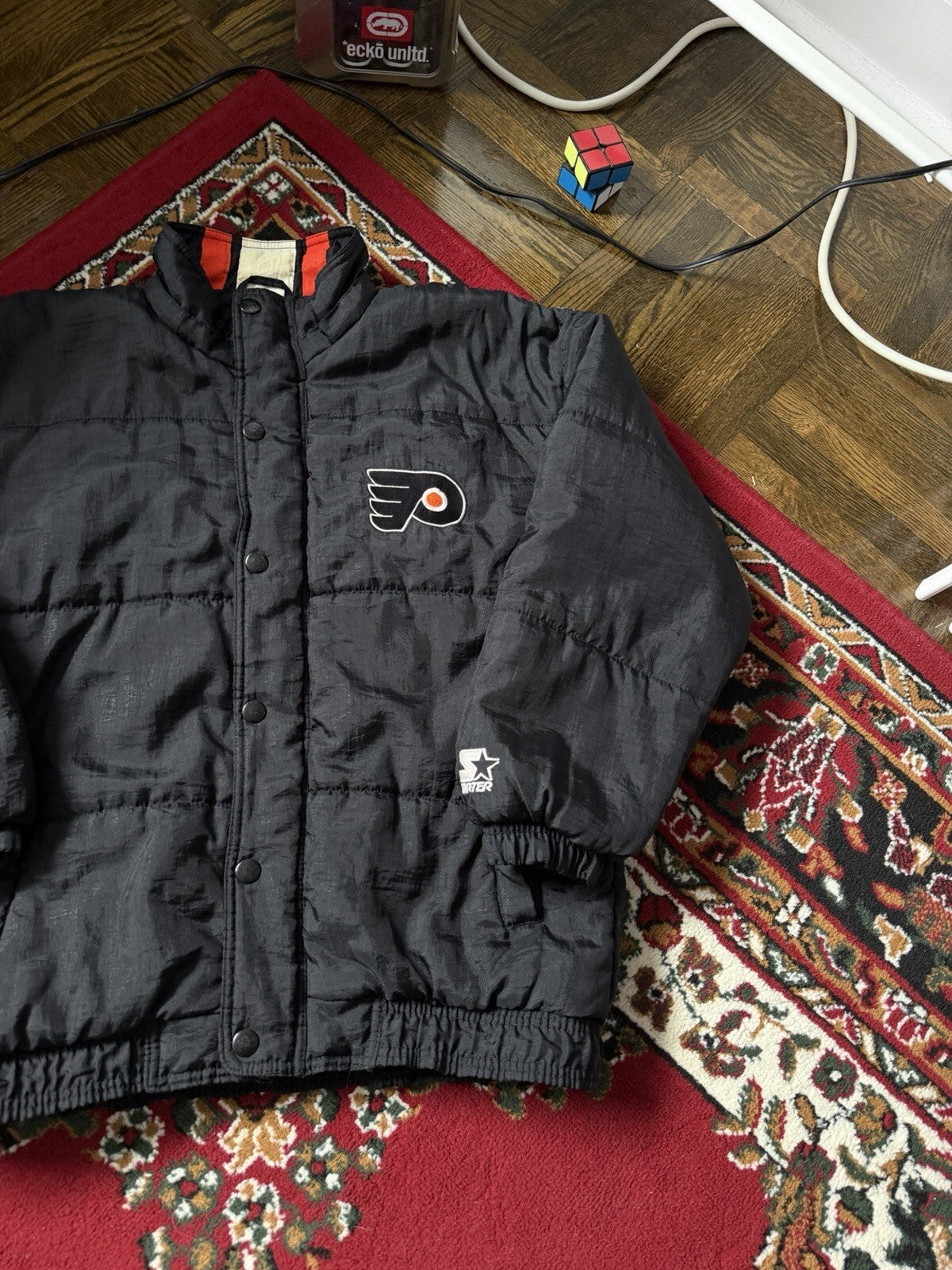 Vintage 90s Starter Philadelphia Flyers NHL Puffer Jacket Black Orange