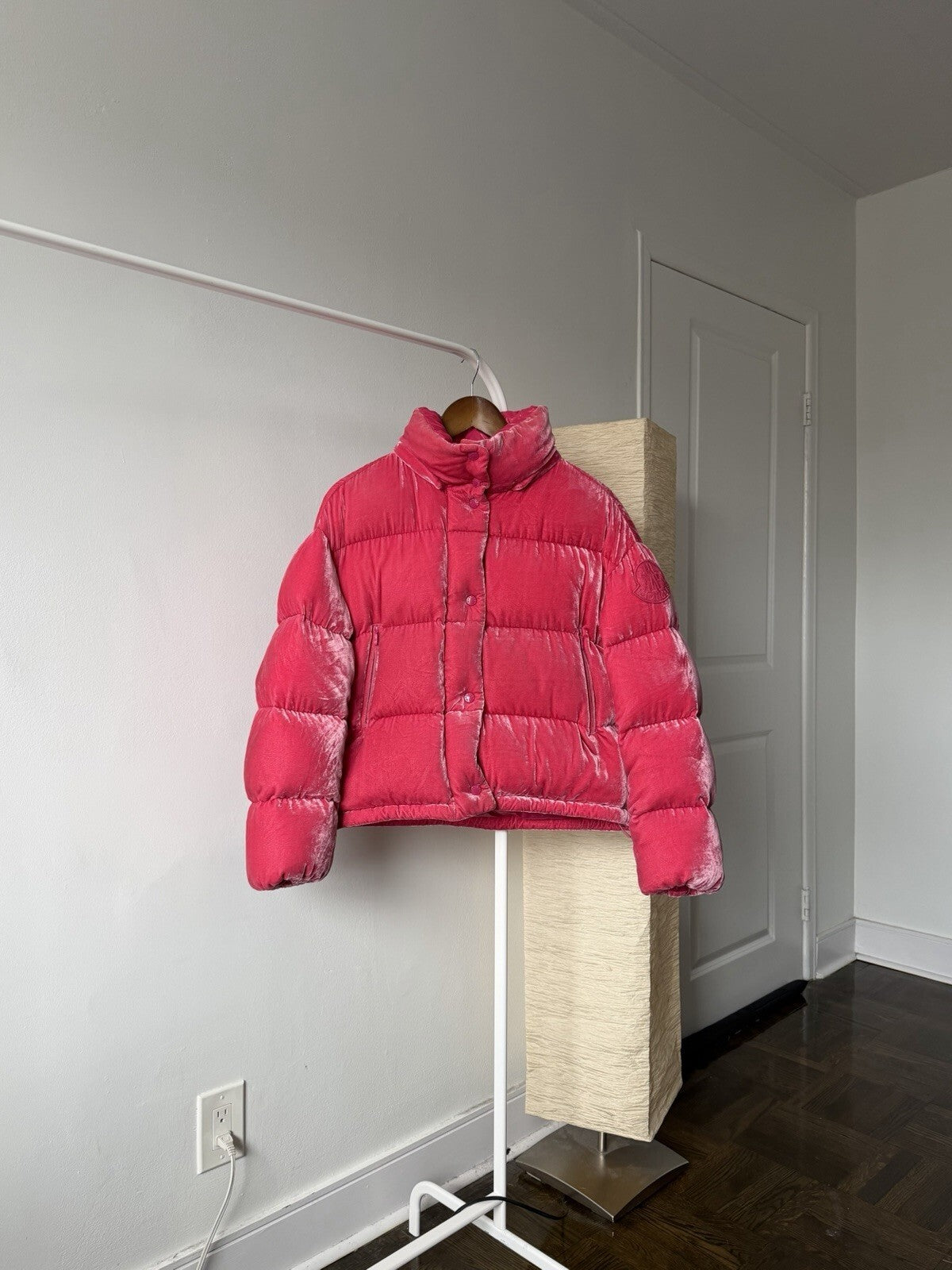 Moncler Fuchsia Caille Velvet Puffer Jacket Coat Womens 0 Pink