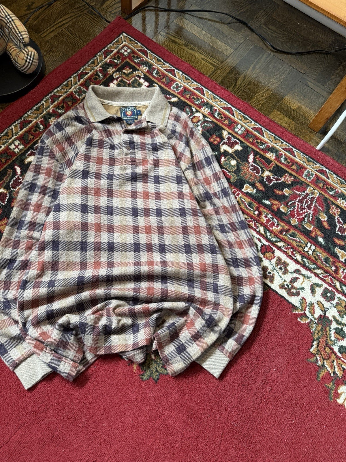 Vintage Chaps Ralph Lauren Plaid Rugby Polo Shirt Men Large Long Sleeve 90s