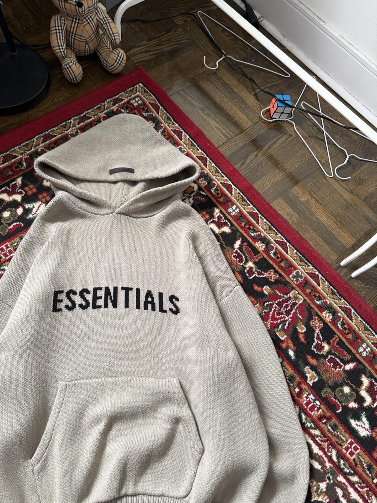 Fear of God Essentials Cream Logo Pullover Hoodie Sweatshirt Knit XL