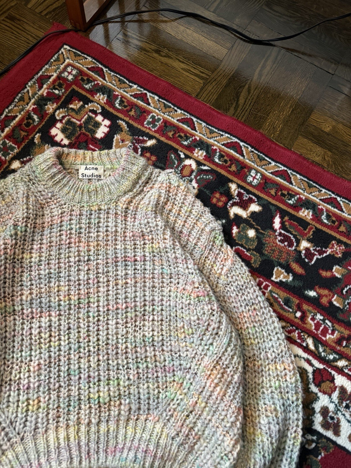 Acne Studios Zora Knit Sweater White/Gray With Rainbow Streaks Size S