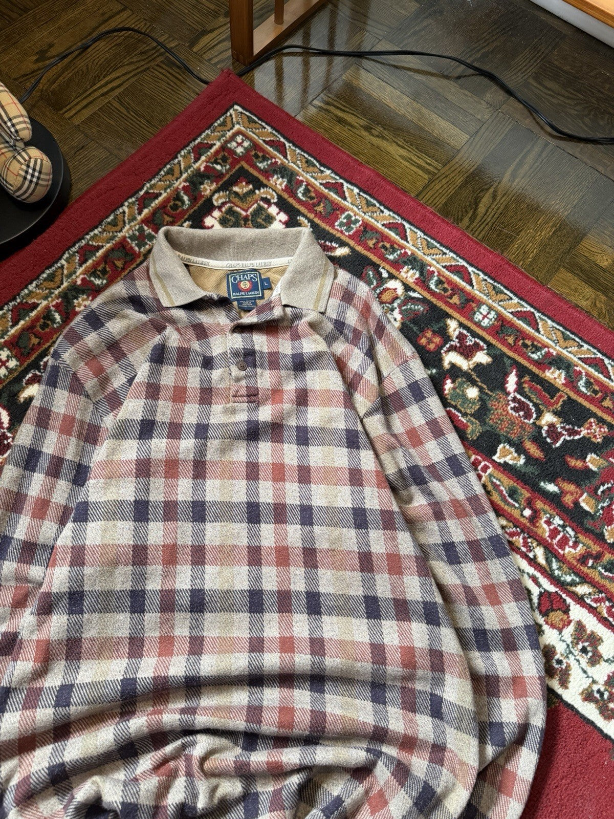 Vintage Chaps Ralph Lauren Plaid Rugby Polo Shirt Men Large Long Sleeve 90s