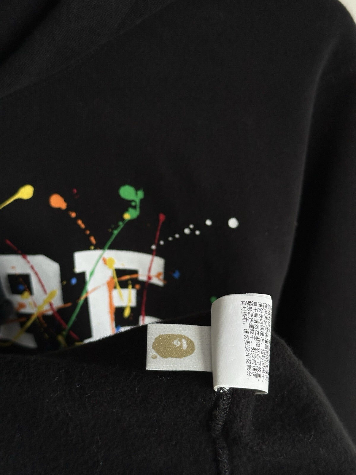 A BATHING APE BAPE PAINT SPLATTER PULLOVER HOODIE BLACK MULTICOLOR SZ L