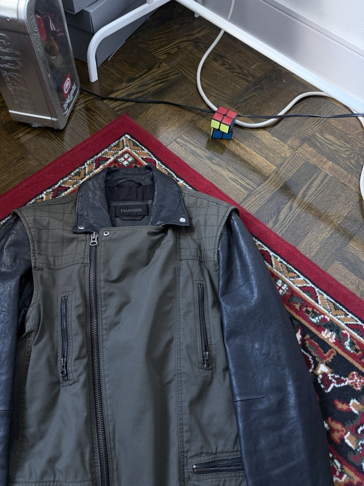Danier Hybrid Moto Leather Sleeves Asymmetrical Zipper Utility Jacket