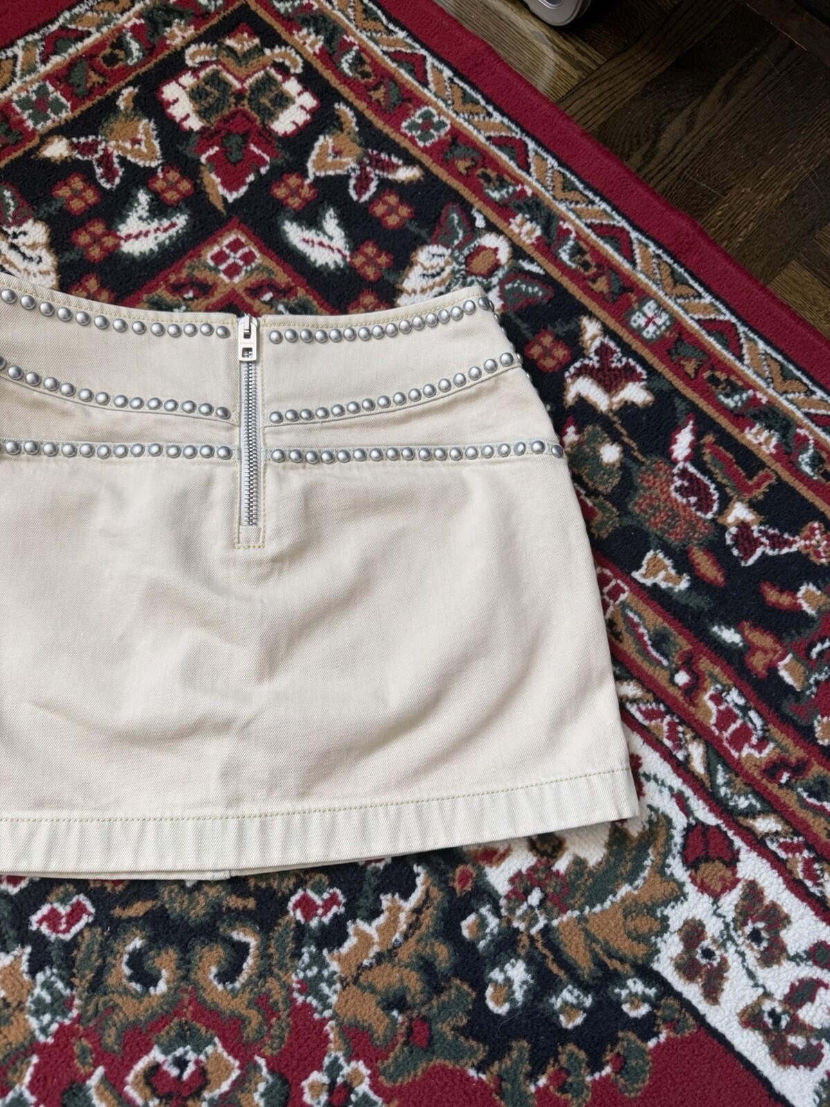 Coach Bleached Denim Mini Skirt Tan White Studded Rivets Pockets Size 0