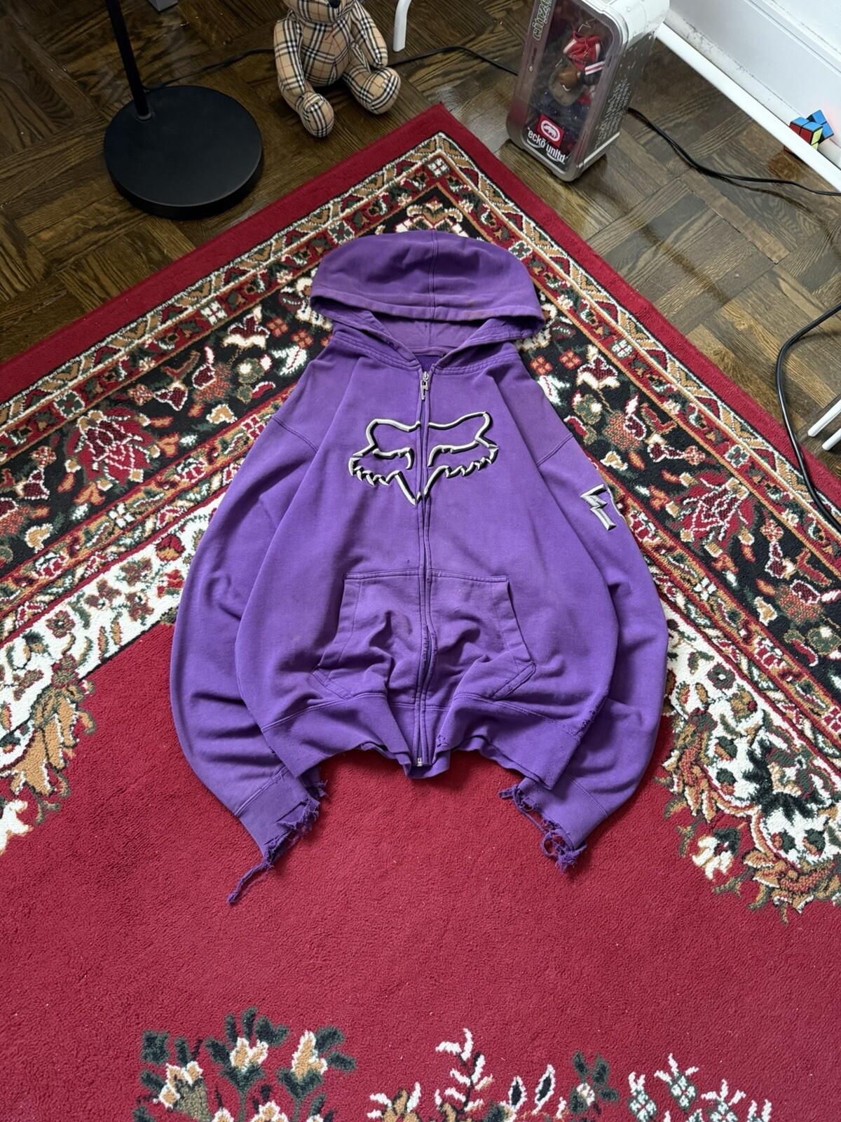 Trashed Fox Racing Full Zip Hoodie Size L Grunge Motocross Distressed Sweatshirt