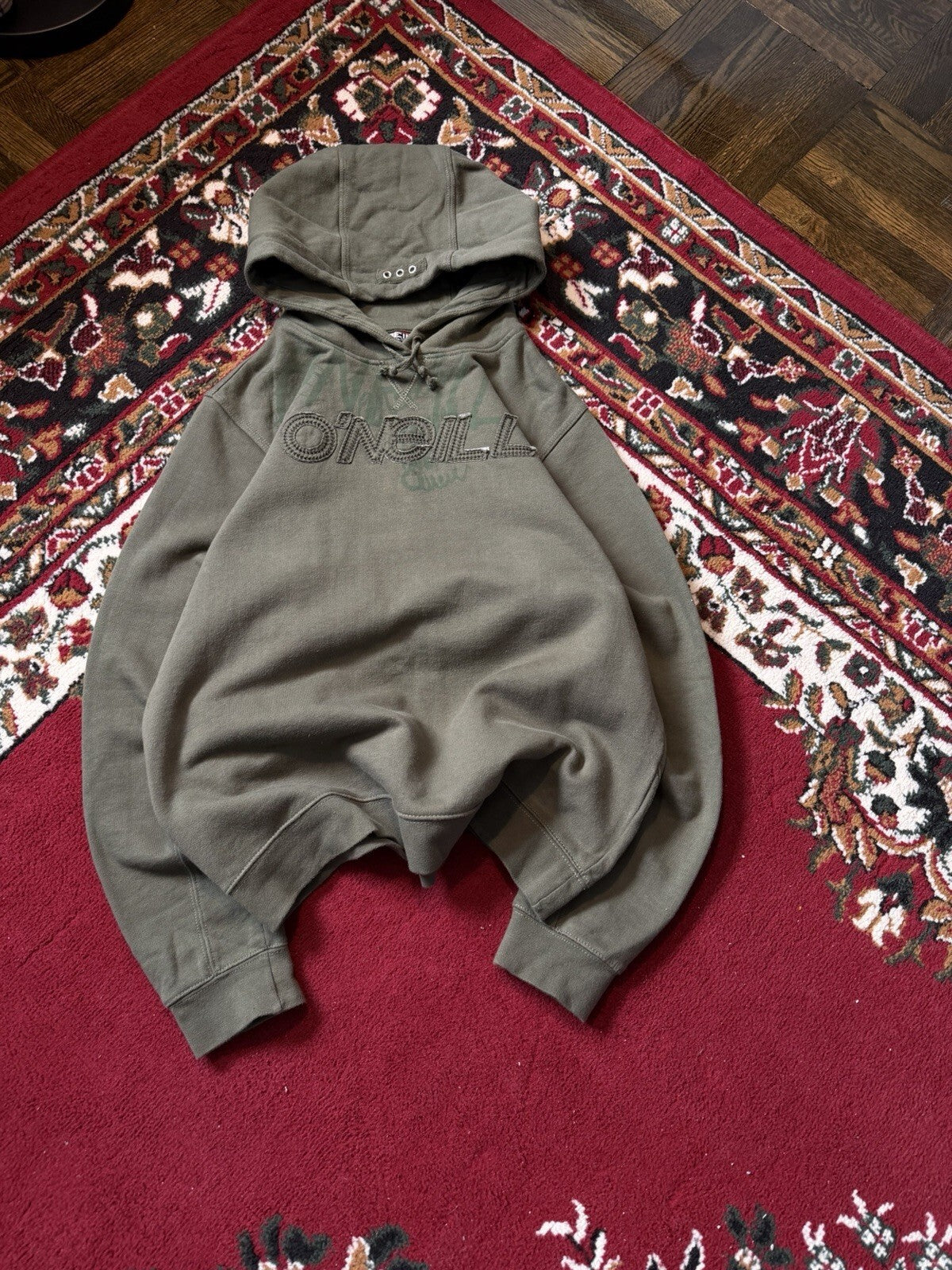VTG Y2K Oneill Hoodie Sweatshirt Mens Size M Olive Big Spellout Logo Streetwear