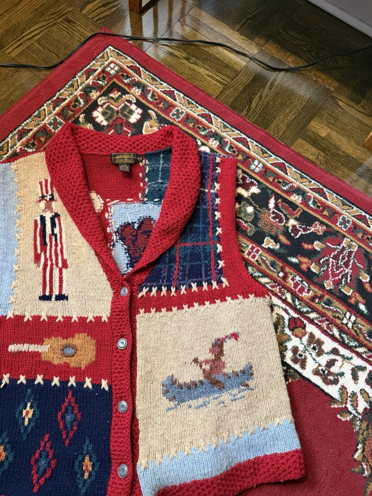 Vintage Eddie Bauer Sweater Vest Mens XL Wool Knit Patriotic Patchwork 90s USA