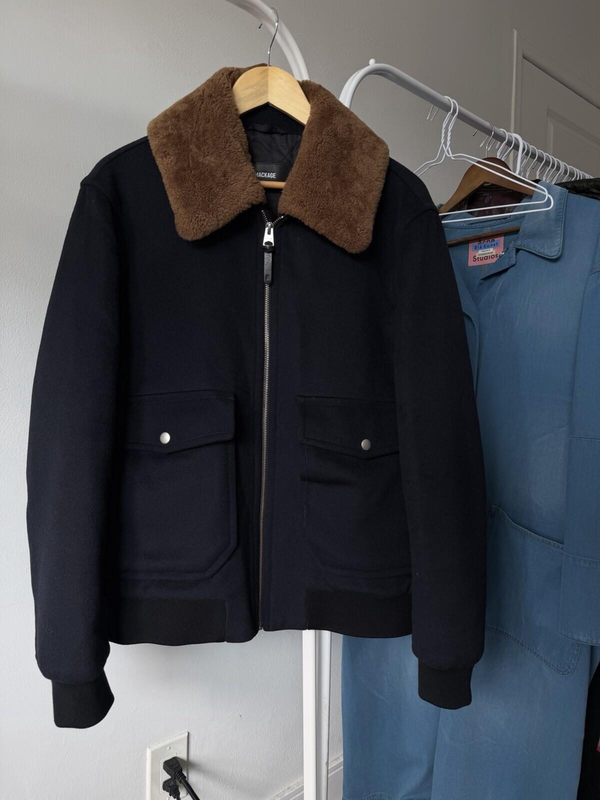 MACKAGE Theo Wool Cashmere Shearling Jacket Real Sheepskin Fur Navy Blue Coat