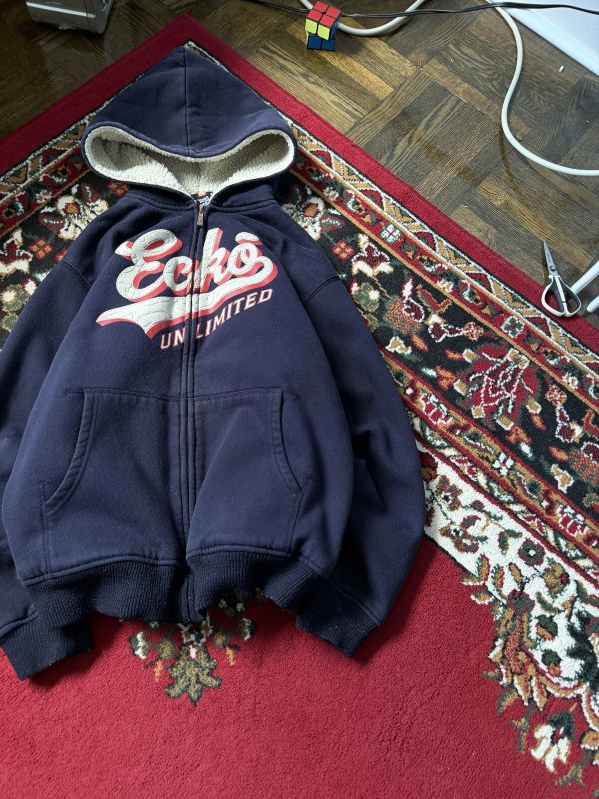 Vintage Ecko Navy Blue Jacket XL Sherpa Fur Lined Hoodie Fleece Y2K Zip AOP