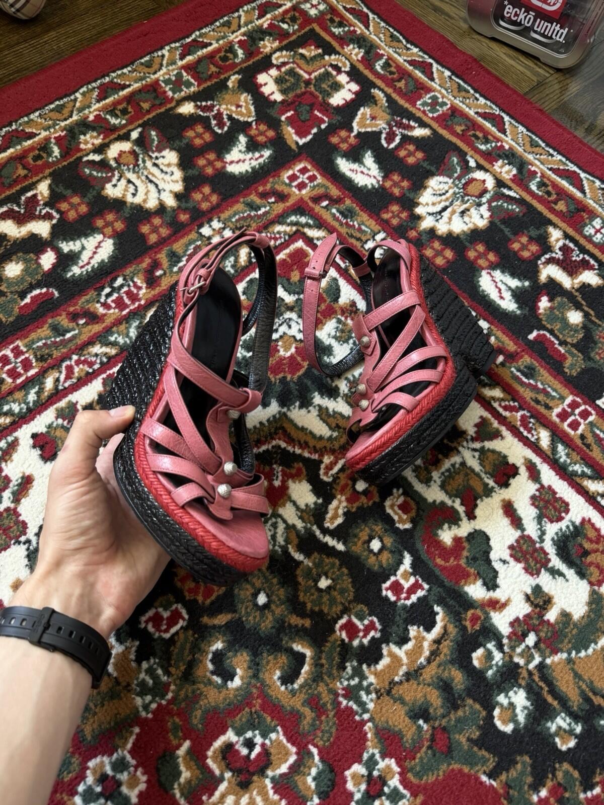 Balenciaga Pink Studded Leather Lacquered Raffia Wedge Platform Sandals Sz.36