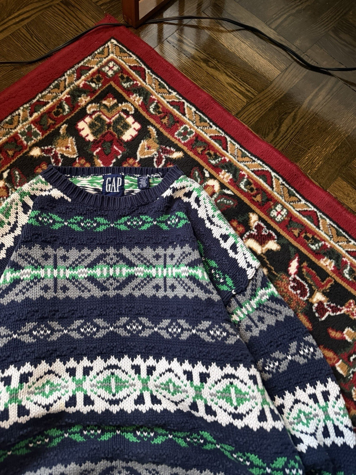 90s Gap Fair Isle Blue Grean Heavy Cotton Knit Sweater Size XL