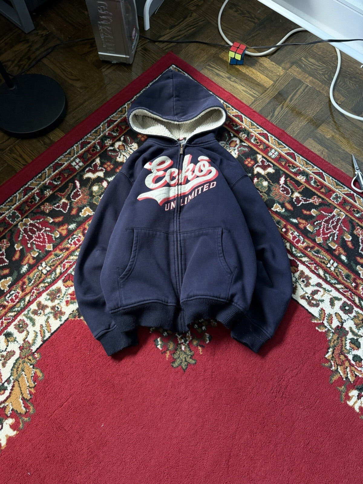 Vintage Ecko Navy Blue Jacket XL Sherpa Fur Lined Hoodie Fleece Y2K Zip AOP