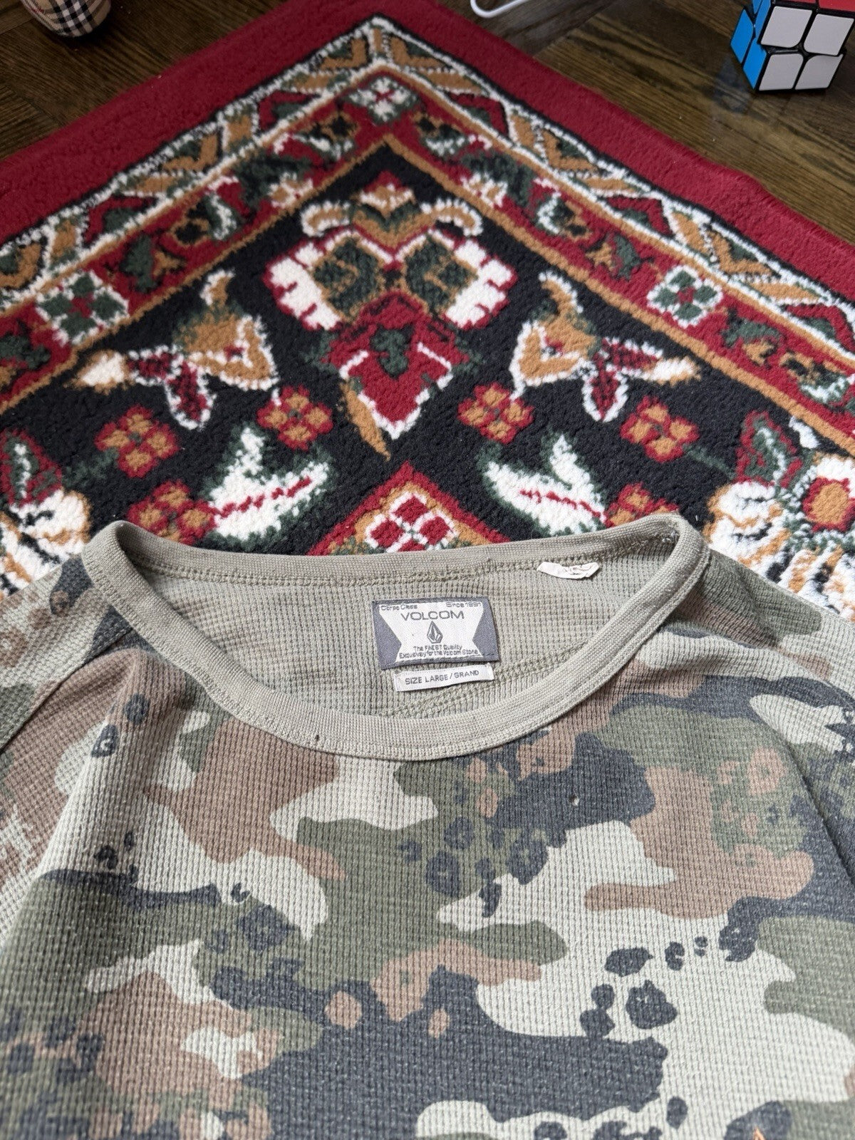 Y2K Volcom Stone Camo Thermal Waffle Knit Vintage Shirt Men L Sweater Skater
