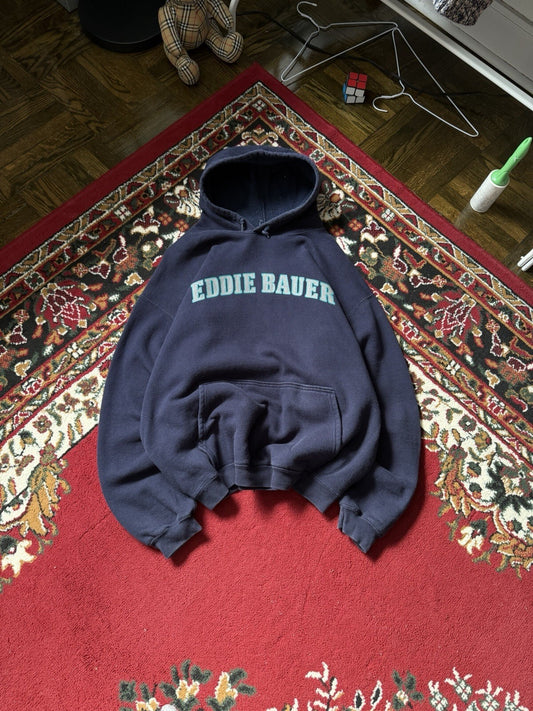Vintage Eddie Bauer Distressed Spell Out Heavyweight Hoodie Blue