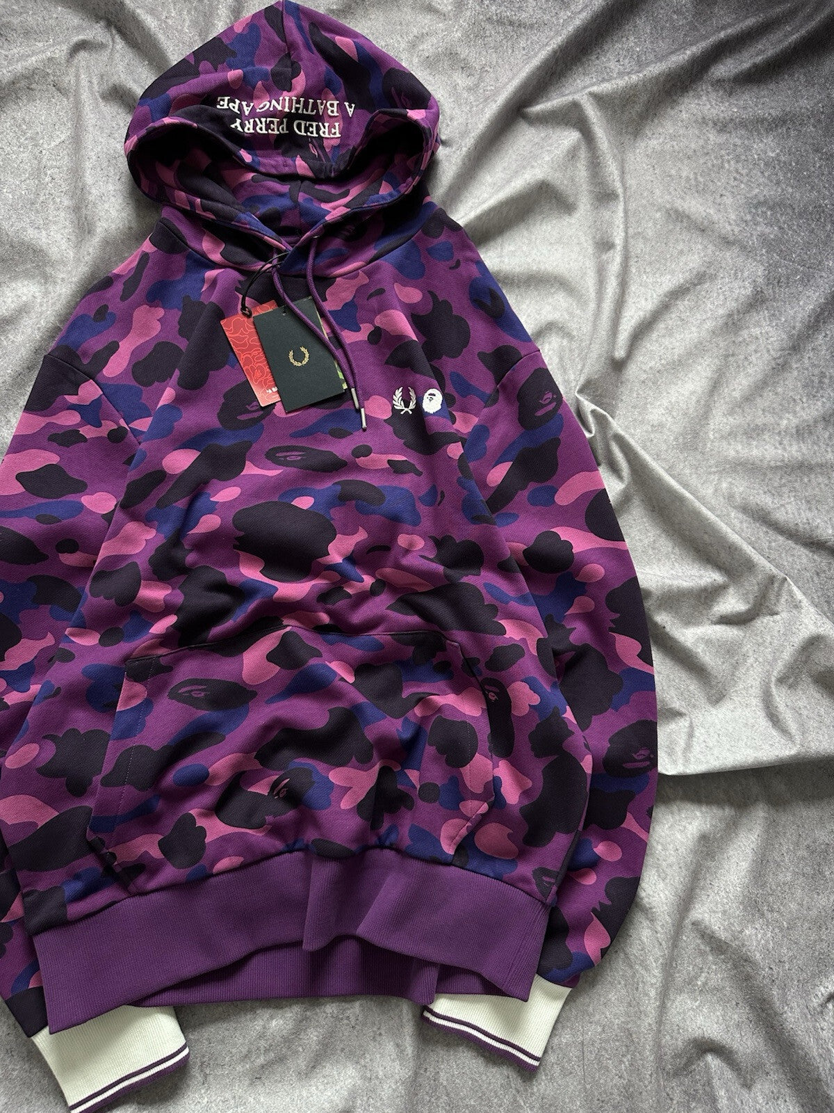 NWT Bape A Bathing Ape X  Fred Perry Purple Color Camo Pullover Hoodie Size XL