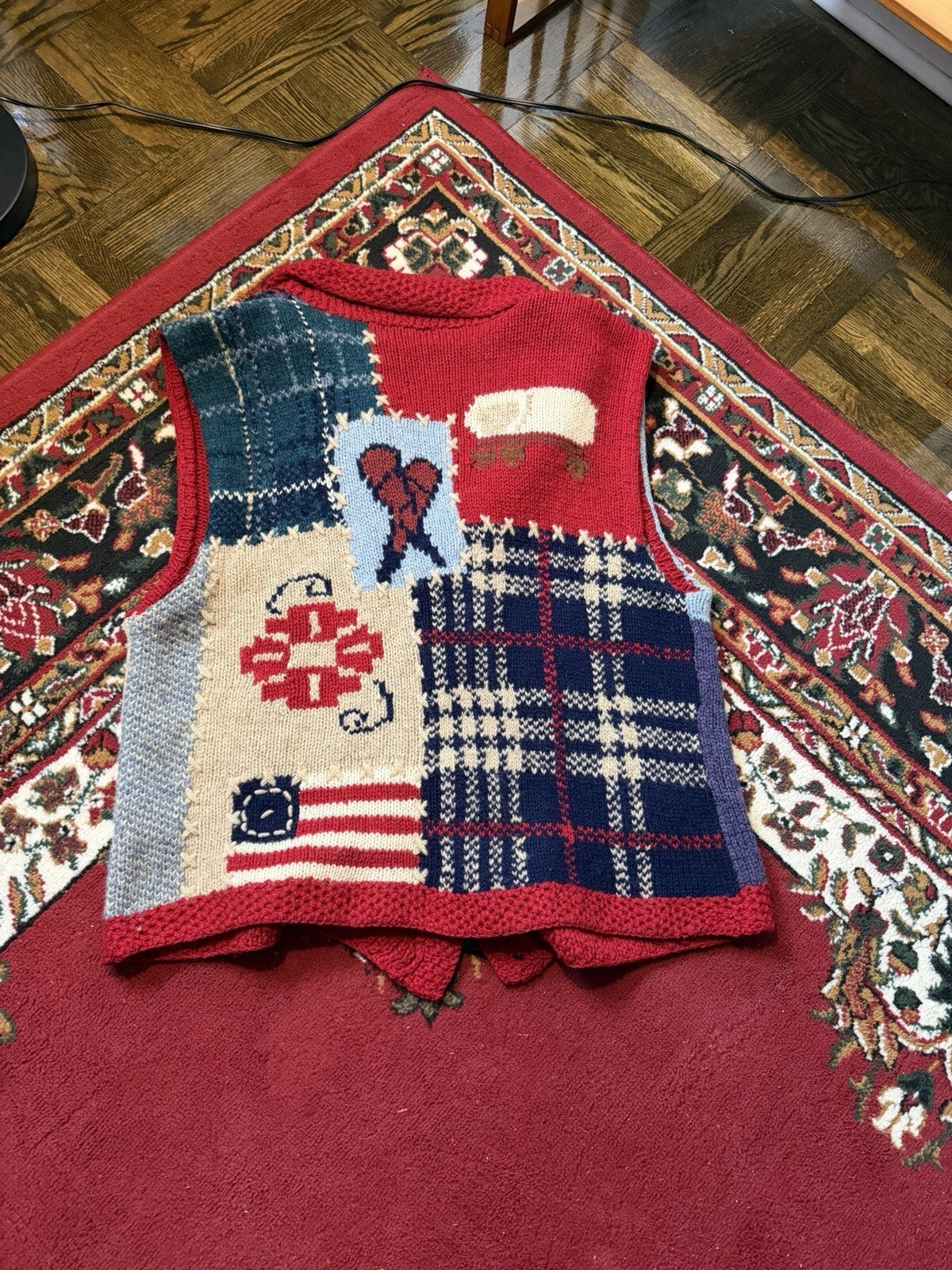 Vintage Eddie Bauer Sweater Vest Mens XL Wool Knit Patriotic Patchwork 90s USA