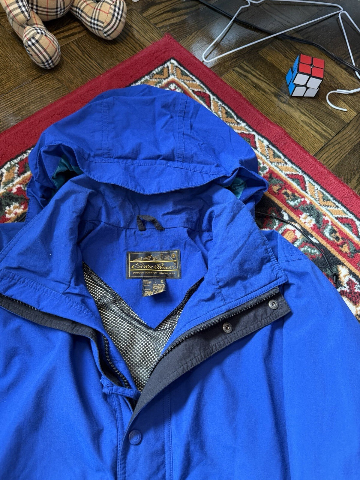 Vintage Eddie Bauer Jacket Mens Medium Purple Teal Gore-Tex Hooded Rain Coat 90s